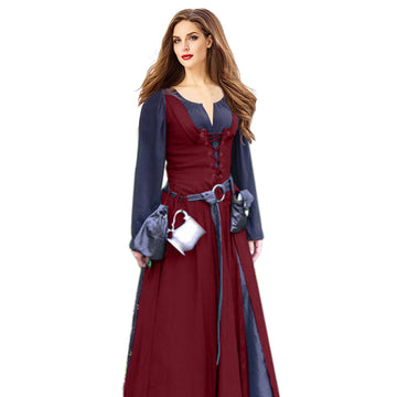 Gótico Medieval Vestido Cosplay Carnaval Halloween Retro Vestido de Manga Larga para Adultos Femenino
